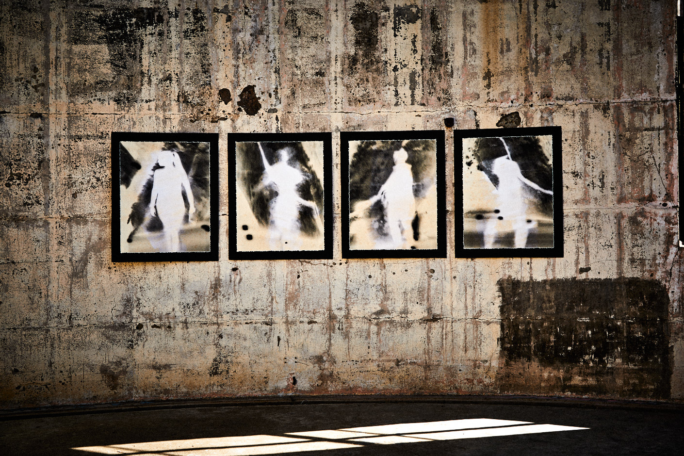 The Four, 2019, Hand printed, four panels, acrylic and water colour on 100% cotton rag mounted on canvas, installed within burnt out observation dome, 365 x 105 cms